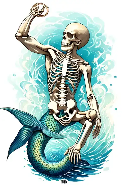 Aquarius merman sunbathing full body skeleton tattoo design idea