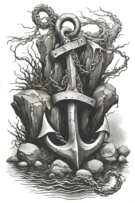 sunken anchor stuch in rocks at the bottom of the ocean black and grey   tattoo design idea