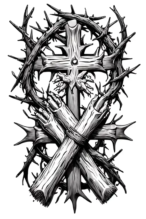 3 nail crosses with crown of thorns intertwined tattoo design idea