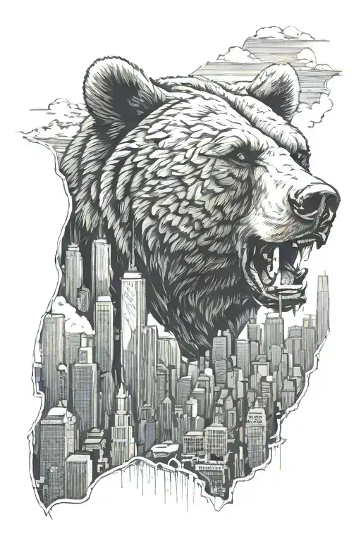 State of illinois outline, A roaring bear, Big chicago skyscrapers  tattoo design idea