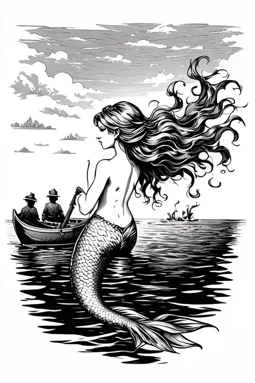 side view of a mermaid in the water that is looking at sailors in a rowboat tattoo design idea