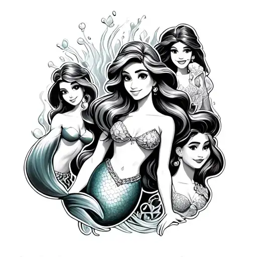 Collage tattoo of The Little Mermaid cartoon characters with Ariel as the central focus tattoo design idea