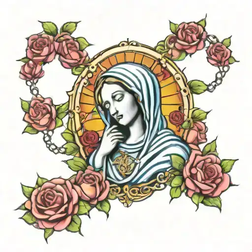 Virgin Mary, rosary, roses  tattoo design idea