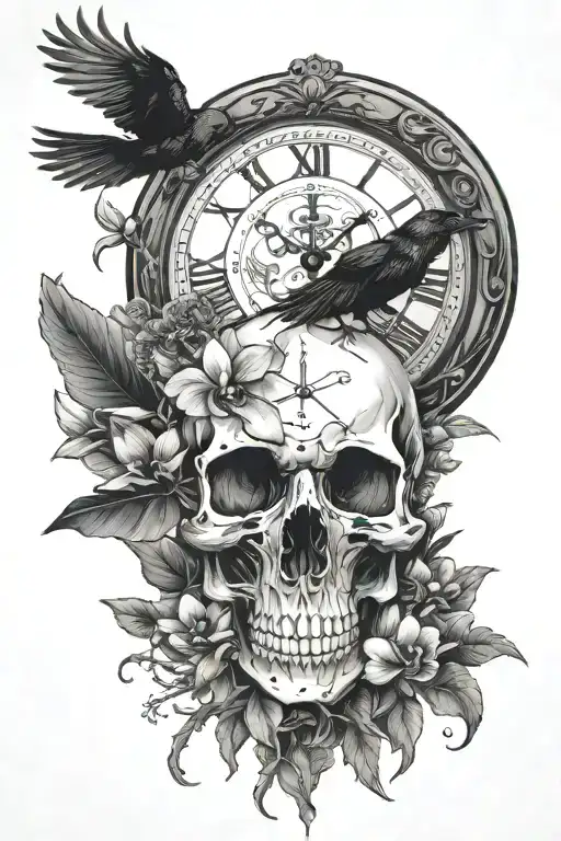 clock tree hike nature skull orchid crow tattoo design idea