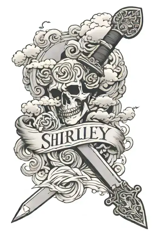 a broken sword with the name Shirley  August 12 2020 with Japanese clouds  tattoo design idea