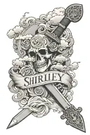 a broken sword with the name Shirley  August 12 2020 with Japanese clouds  tattoo design idea
