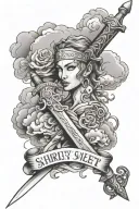 a broken sword with the name Shirley  August 12 2020 with Japanese clouds  tattoo design idea