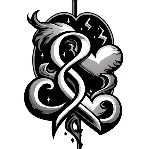 Ahmed Aquarius with a an infinity symbol and a two hearts one of them is broken and a r letter between of them tattoo design idea