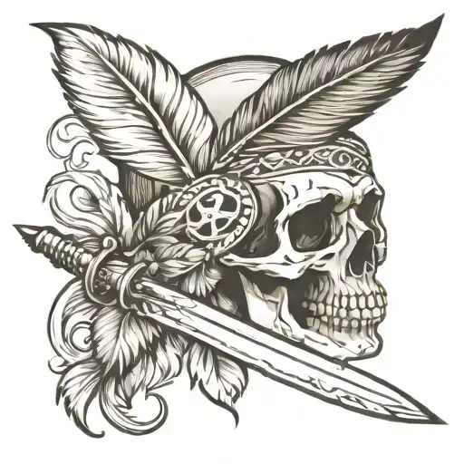 Feathers, skull and blade tattoo design idea