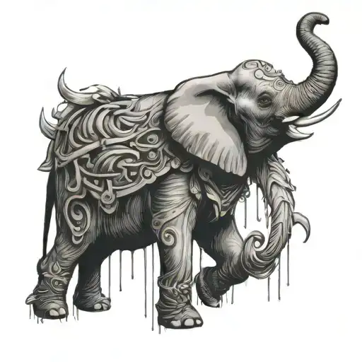 an elephant in a ballerina costume in a rain of axes tattoo design idea