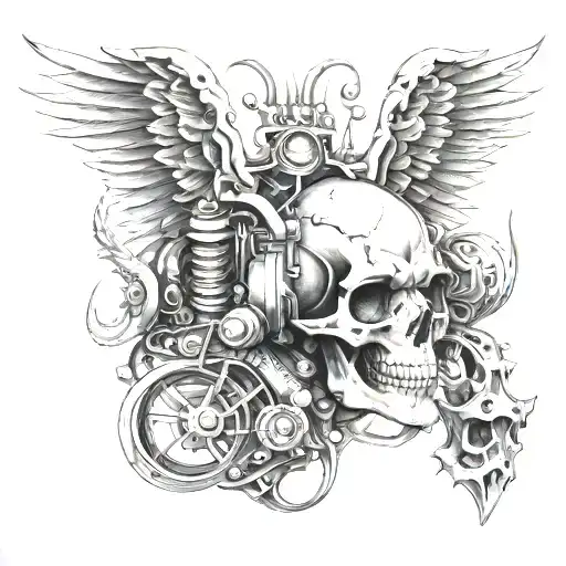 An intricate design of a car engine intertwined with angelic wings and demonic horns, symbolizing the balance between life and death in the automotive world tattoo design idea