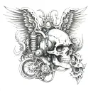 An intricate design of a car engine intertwined with angelic wings and demonic horns, symbolizing the balance between life and death in the automotive world tattoo design idea