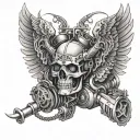 An intricate design of a car engine intertwined with angelic wings and demonic horns, symbolizing the balance between life and death in the automotive world tattoo design idea