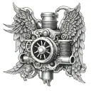 An intricate design of a car engine intertwined with angelic wings and demonic horns, symbolizing the balance between life and death in the automotive world tattoo design idea