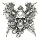 An intricate design of a car engine intertwined with angelic wings and demonic horns, symbolizing the balance between life and death in the automotive world tattoo design idea