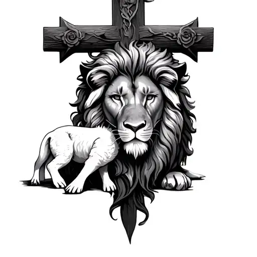 cross with lion and lamb laying tattoo design idea