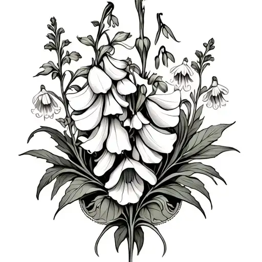 art Nouveau botanical lower stomach tattoo featuring foxgloves, acanthus, bluebells, deadly nightshade or morning glory  tattoo design idea