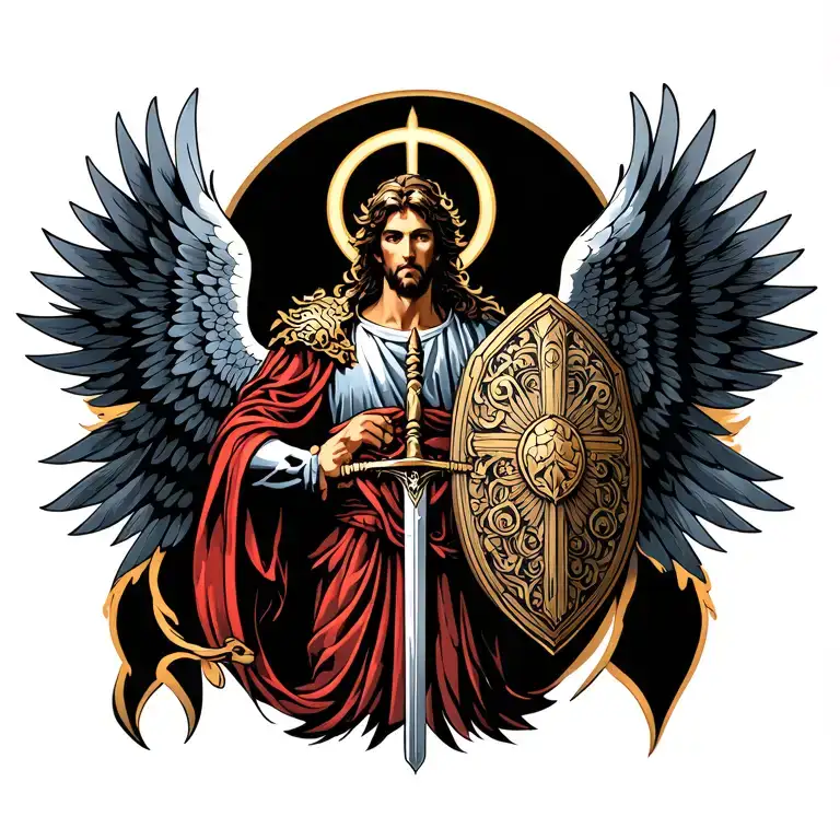 Upper arm: Saint Michael the Archangel with sword and shield, detailed wings, and halo. tattoo design idea