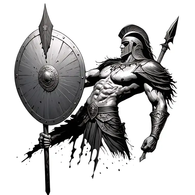 Damaged spartan warrior holding shield and spear torso and above tattoo design idea