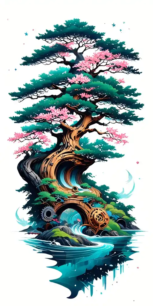 Japanese landscape of trees,water,bamboo,blossoms, and wood mechanical gears integrated with abstract universe  tattoo design idea