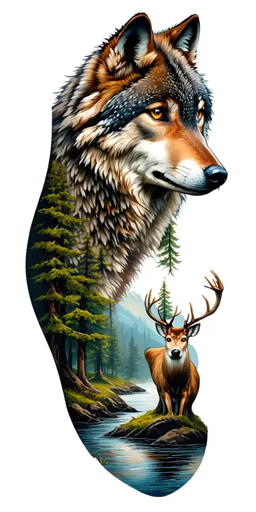 forest landscape, wolf profile on shoulder, trees, owl, river, and deer tattoo design idea