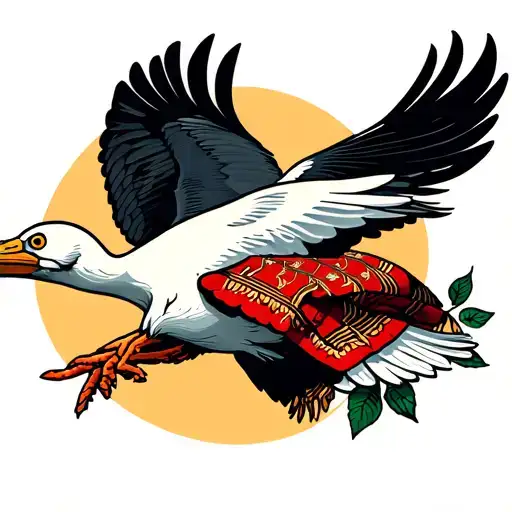 stork flying with blanket tattoo design idea