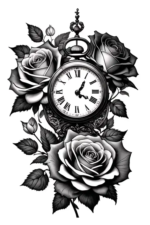 roses and clock with time 1:39 am tattoo design idea