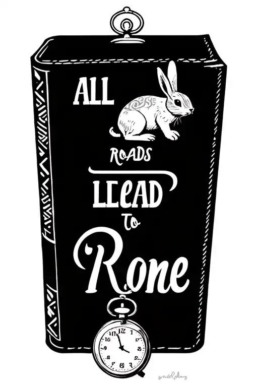 writing that says "all roads lead to Rome" with the rabbit from Alice in wonderland, a stop watch and a book with aztec  tattoo design idea