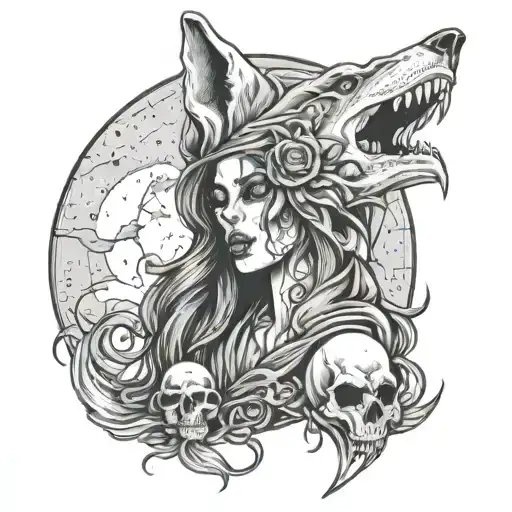howling wolf moon skull grimreaper girl tattoo design idea