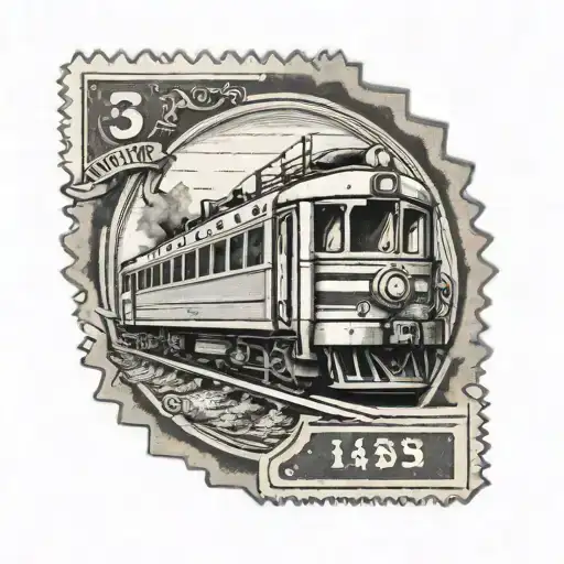 postage stamp with a train an street sign in the background tattoo design idea