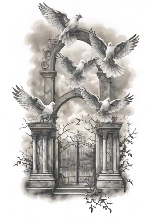 4 doves flying towards the gates of heaven tattoo design idea