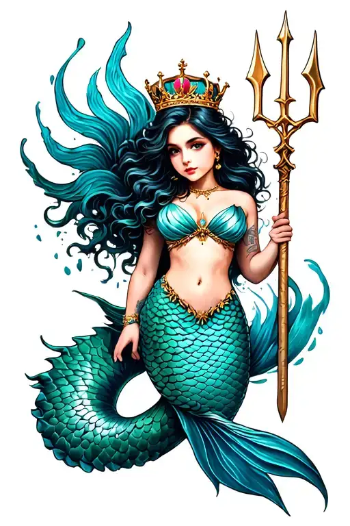 Queen Mermaid with a majestic tail, a trident and a crown tattoo design idea