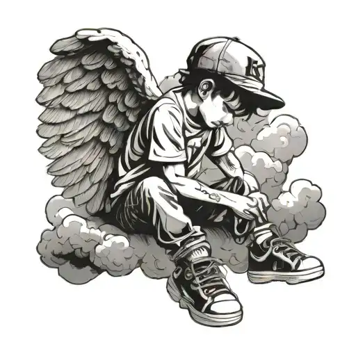 boy with angel wings sitting on a cloud with his head down and letter K on his cap tattoo design idea