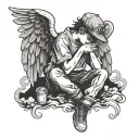 boy with angel wings sitting on a cloud with his head down and letter K on his cap tattoo design idea