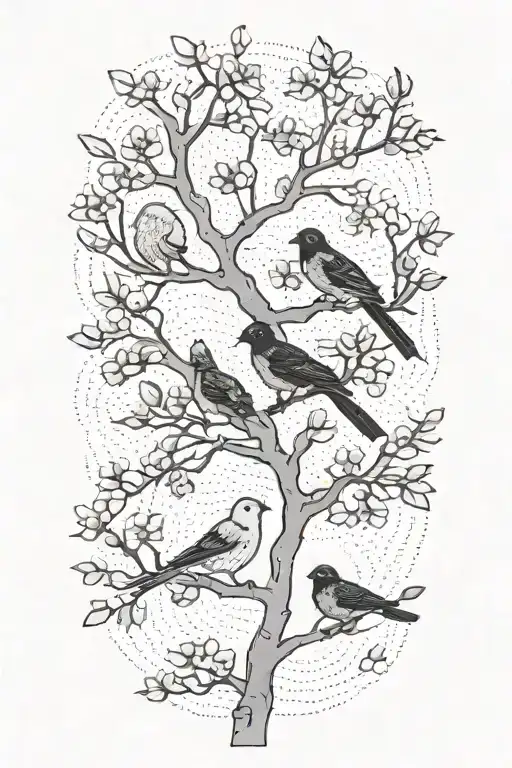 sideways skinny spooky scary cherry branch with minimal blossoms black and grey four solid black birds sitting on branch tattoo design idea
