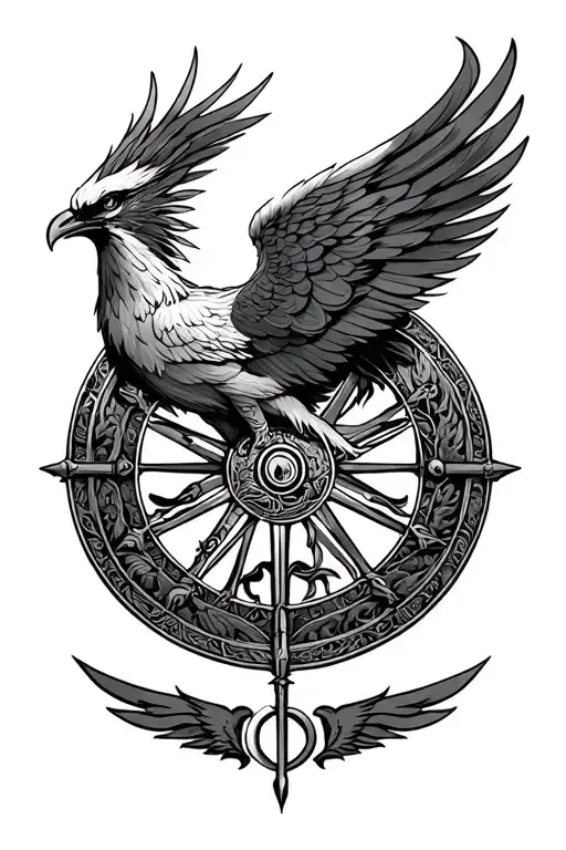 phoenix with wheel of time and symbol of resistance tattoo design idea