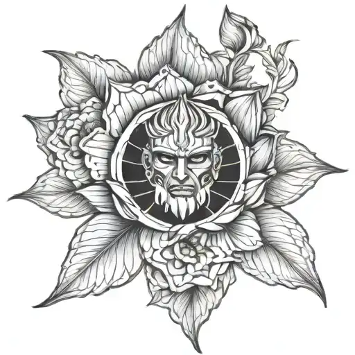 armored titan gaia holding lotus 2-D flower.  tattoo design idea