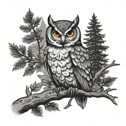owl on a branch in a forest tattoo design idea
