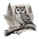 owl on a branch in a forest tattoo design idea