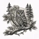 owl on a branch in a forest tattoo design idea