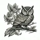 owl on a branch in a forest tattoo design idea
