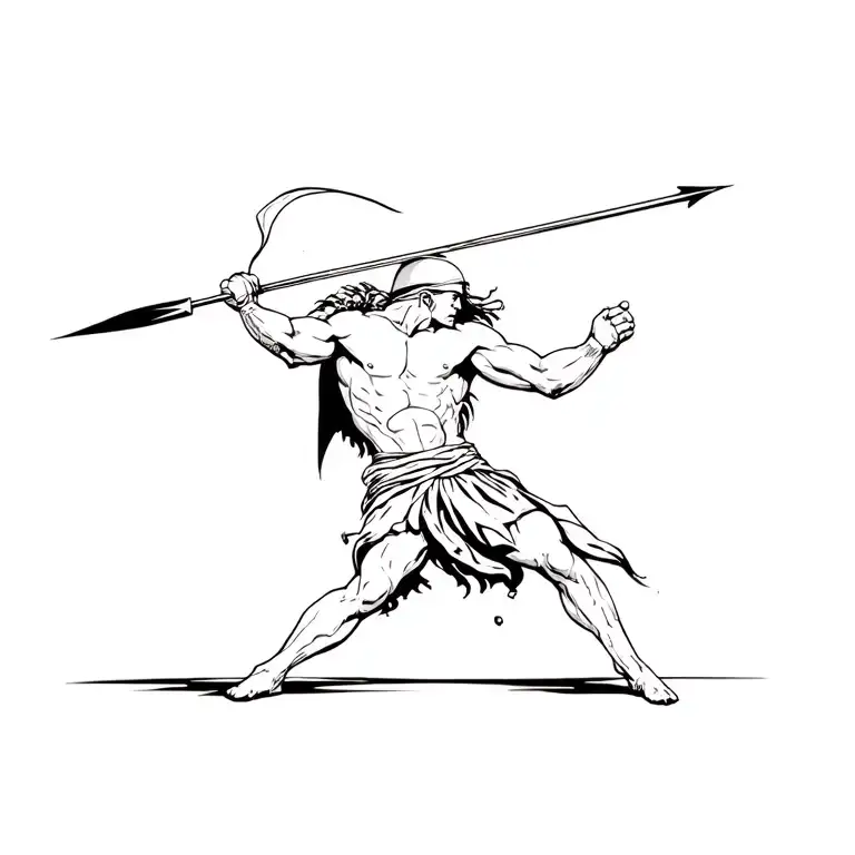 spartan warrior jumping with spear atack stance tattoo design idea