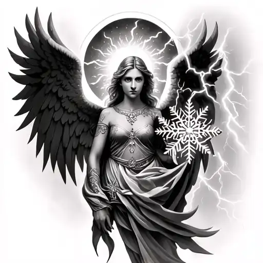 ​Full sleeve angel tattoo killing demons​Snowflake, dawning sun, and lightning bolt etchings on the angel's silver armo tattoo design idea
