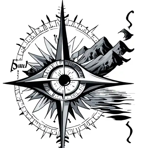 compass, mountains, water, sun, evil eye tattoo design idea