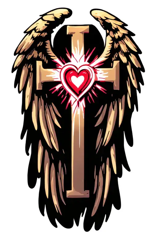 religious cross with a heart in the center and angel wings behind  the crossing tattoo design idea
