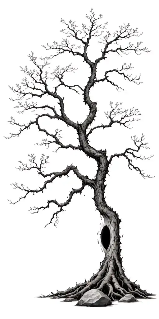 tall dead bonsai tree many branches and twigs rough bark roots gripping rocks. black grey hole in trunk tattoo design idea