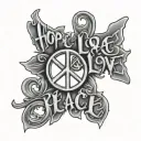 hope peace love tattoo design idea