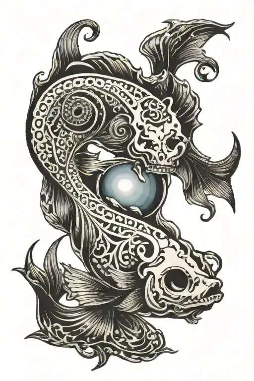 yin yang pisces skeleton fish tattoo design idea