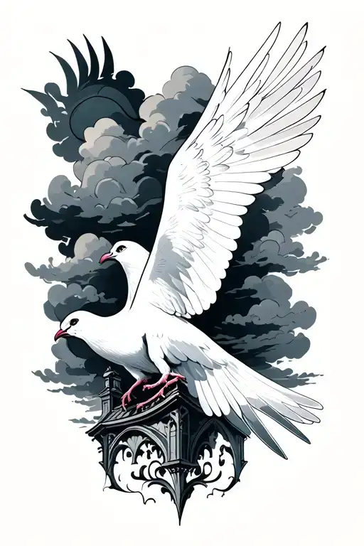 dove with dark clouds behind it with a light coloured sky. below, gothic architecture. tattoo design idea
