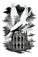 dove with dark clouds behind it with a light coloured sky. below, gothic architecture. tattoo design idea